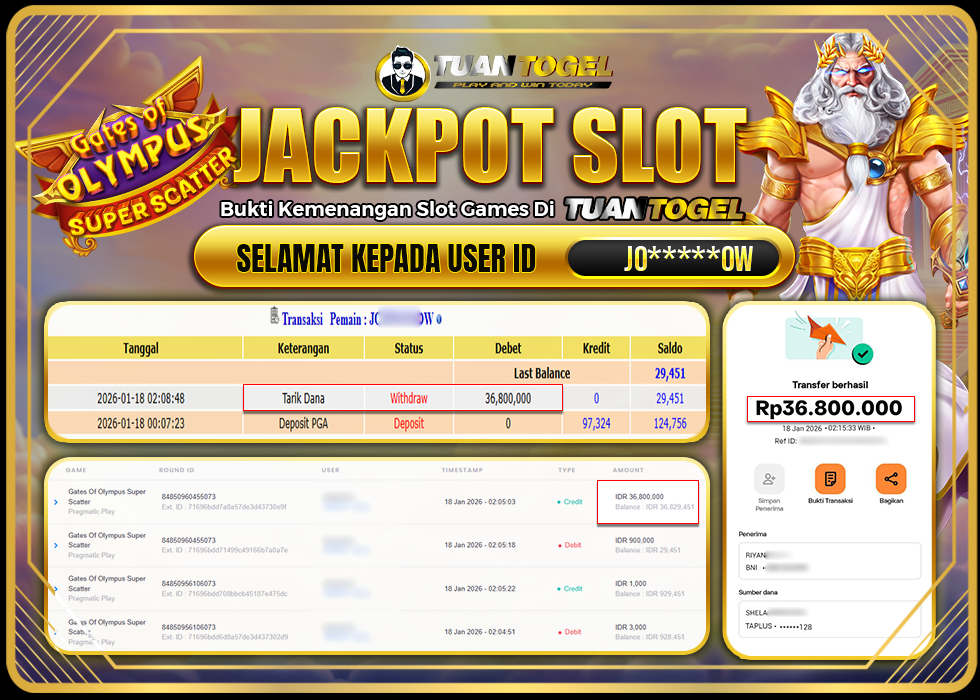 TUANTOGEL JACKPOT SLOT GATES OF OLYMPUS SUPER SCATTER Rp36.800.000,- LUNAS
